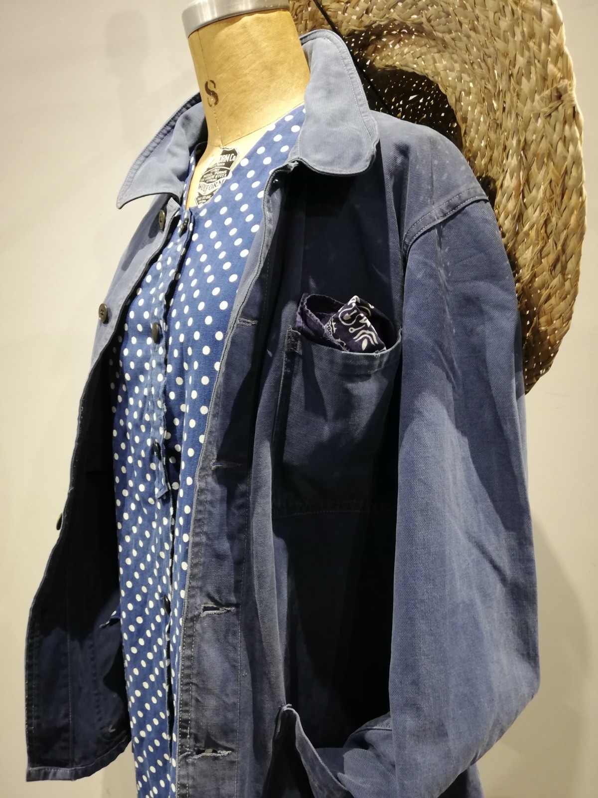 straw hat, French work jacket, indigo dot print gilet