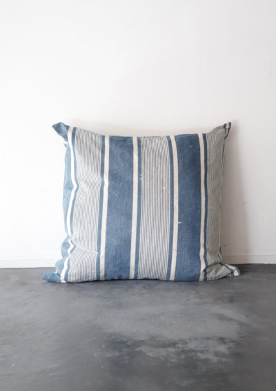 Ticking fabric, indigo, antique, france,cushion, brown remake