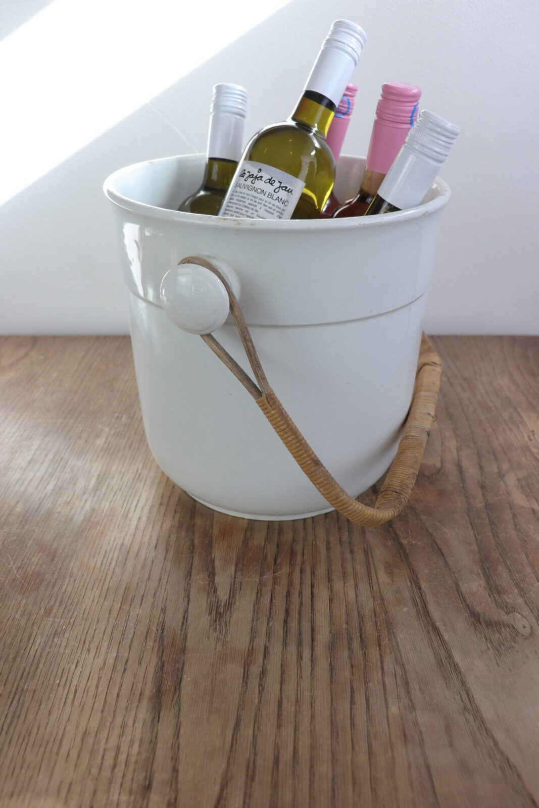 pottery ice bucket,wine cooler,france,antique,pottery x rattan bucket